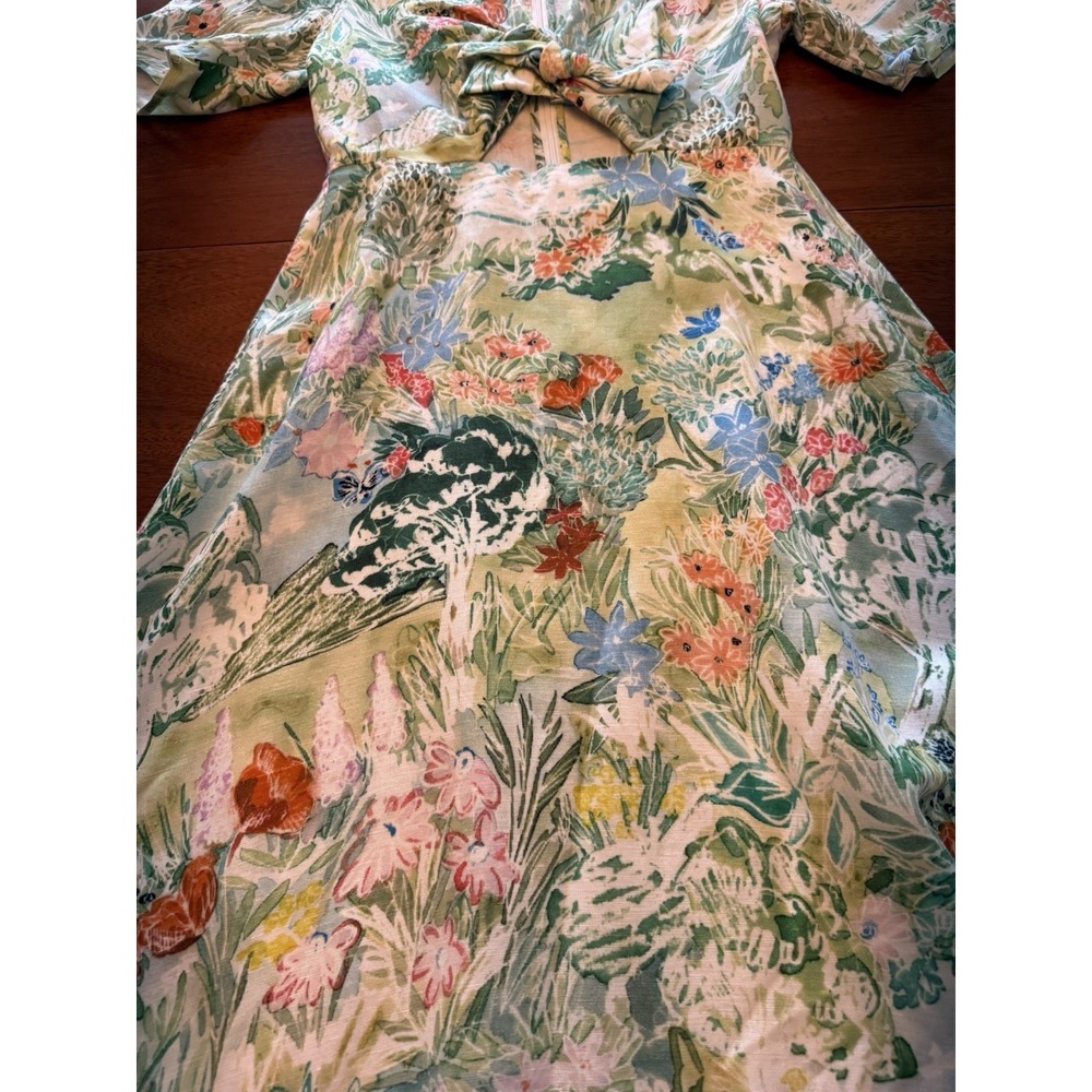 Hunter Bell Pierce Midi Dress Size 4 Green Garden Floral Linen Blend Cutout Bow - Picture 14 of 16